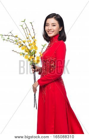 Portrait of a beautiful Asian woman on traditional festival costume Ao Dai holding Hoa Mai tree (Ochna Integerrima) flower. Tet holiday. Lunar New Year.