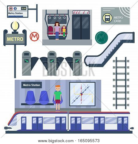Metro station vector illustration. Transportation modern railroad trip transit tunnel vehicle service. Passenger architecture interior platform construction.
