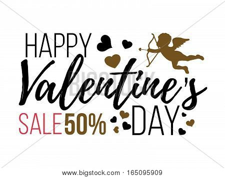 Happy Valentines Day Cards With Hearts, Angel And Arrow. Sale And Clearance. Isolated Vector Illustr