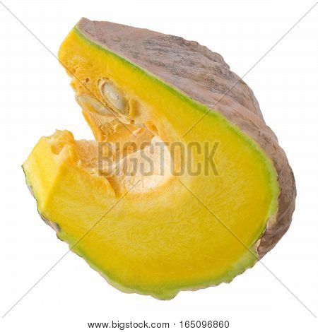 Vegetable Raw Slice Pumpkin Rich in Vitamin A B C and Minerals Isolated on White Background.