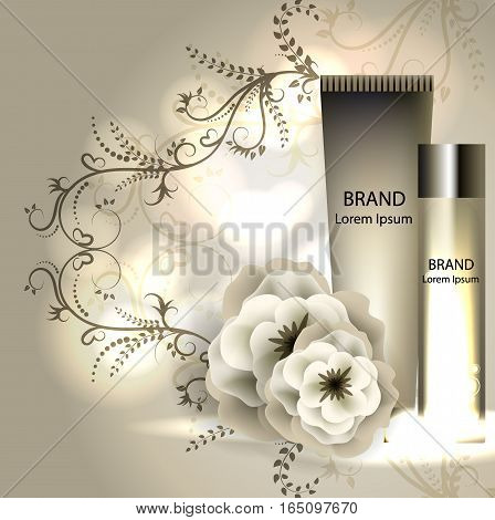 cream ads, makeup tube template with sparkling effect. 3D illustration. Camelia elixir.
