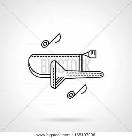 Symbol of trombone and two notes. Tenor, alto melodies and tunes. Classic brass musical instruments theme. Flat black line vector icon.