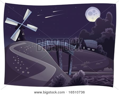 Paesaggio con mulino a vento nella notte. Panorama di vettore e cartoon. Oggetti isolati.