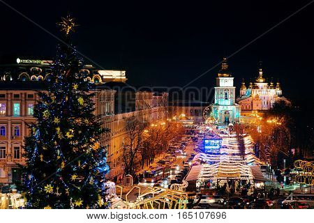Xtree with new year decorations on the Sophia's Square in the center of Kiev, Ukraine. 13 january 2017
