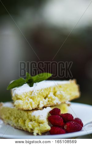Cake, sponge cake with strawberry and green mint sprinkled with powdered