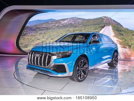 DETROIT MI/USA - JANUARY 12 2017: An Audi e-tron Q8 Concept crossover at the North American International Auto Show (NAIAS).