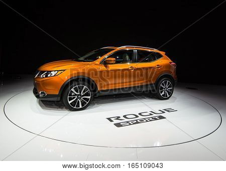 DETROIT MI/USA - JANUARY 12 2017: A 2017 Nissan Rogue Sport (Qashqai) SUV at the North American International Auto Show (NAIAS).