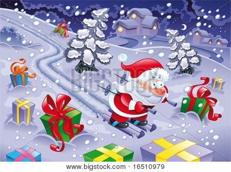 Santa Claus na nartach w nocy. Ilustracja kreskówka i wektor