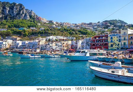 Capri Italy - April 22 2007: Boat for tourists in the Marina Grande harbor
