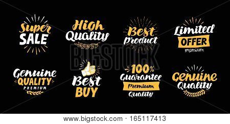 labels with beautiful letterings such as super sale, high quality, best product, limited offer, genuine, buy, 100 guarantee, premium