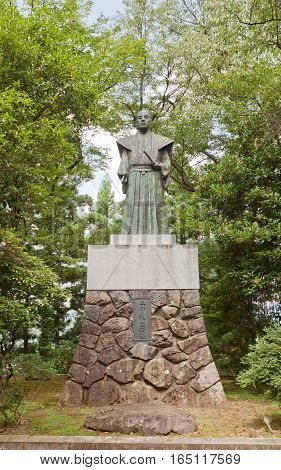 OHNO JAPAN - AUGUST 02 2016: Statue of Doi Toshitada on the grounds of Echizen Ohno castle in Ohno Japan. Toshidata was the last lord of Echizen Ohno Castle (in 19th c).
