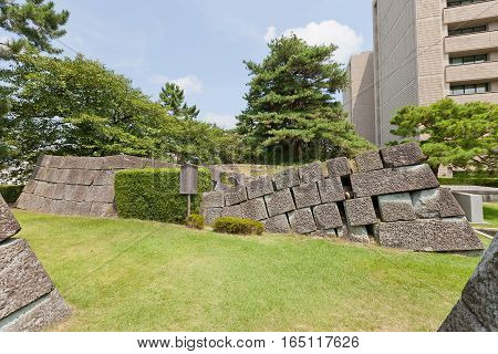 FUKUI JAPAN - AUGUST 02 2016: Stone foundation of former minor donjon (Hikaetenshudai) of Fukui castle in Fukui Japan. Castle was founded in 1601 by Yuki Hideyasu and dismantled in 19th c.