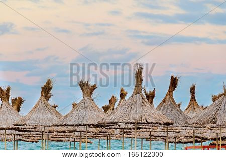 The Black Sea Beach, Terrace With Umbrellas, Sand,water And Blue Sky.