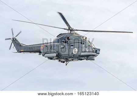 Bucharest, Romania - September 5, 2015. Aerobatic Elicopter Pilots Training In The Sky Of The City.
