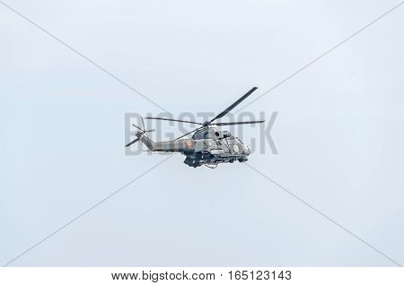 Bucharest, Romania - September 5, 2015. Aerobatic Elicopter Pilots Training In The Sky Of The City.