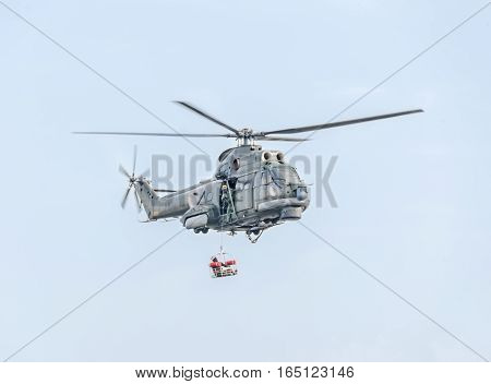 Bucharest, Romania - September 5, 2015. Aerobatic Elicopter Pilots Training In The Sky Of The City.
