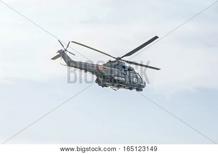 Bucharest, Romania - September 5, 2015. Aerobatic Elicopter Pilots Training In The Sky Of The City.