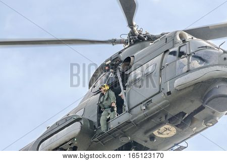 Bucharest, Romania - September 5, 2015. Aerobatic Elicopter Pilots Training In The Sky Of The City.