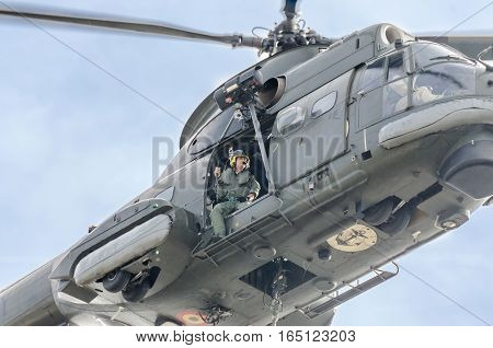Bucharest, Romania - September 5, 2015. Aerobatic Elicopter Pilots Training In The Sky Of The City.