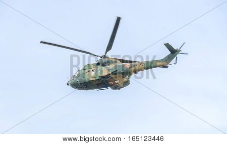Bucharest, Romania - September 5, 2015. Aerobatic Elicopter Pilots Training In The Sky Of The City.