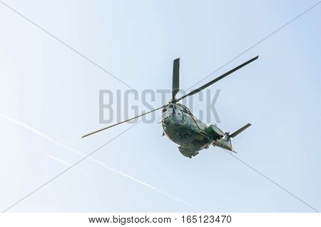 Bucharest, Romania - September 5, 2015. Aerobatic Elicopter Pilots Training In The Sky Of The City.