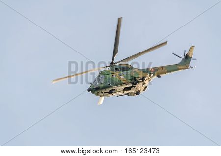 Bucharest, Romania - September 5, 2015. Aerobatic Elicopter Pilots Training In The Sky Of The City.