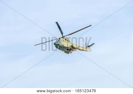 Bucharest, Romania - September 5, 2015. Aerobatic Elicopter Pilots Training In The Sky Of The City.