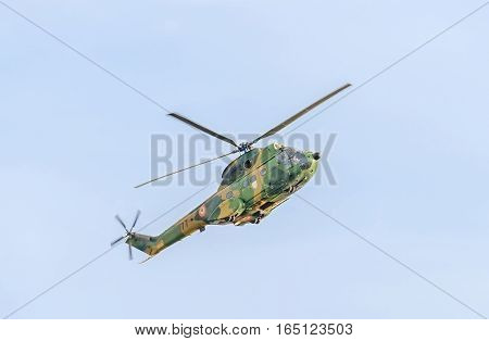 Bucharest, Romania - September 5, 2015. Aerobatic Elicopter Pilots Training In The Sky Of The City.
