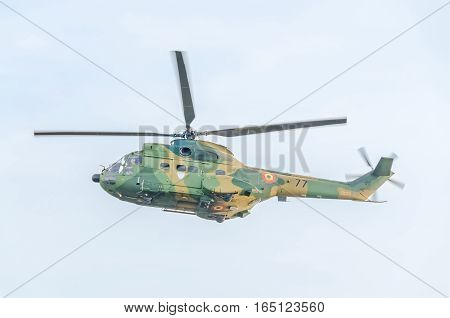 Bucharest, Romania - September 5, 2015. Aerobatic Elicopter Pilots Training In The Sky Of The City.