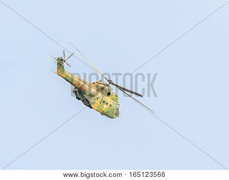 Bucharest, Romania - September 5, 2015. Aerobatic Elicopter Pilots Training In The Sky Of The City.