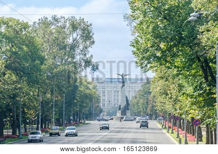 Bucharest, Romania - September 19, 2015. The Aviators Square With Aviators Statue. Piata Aviatorilor