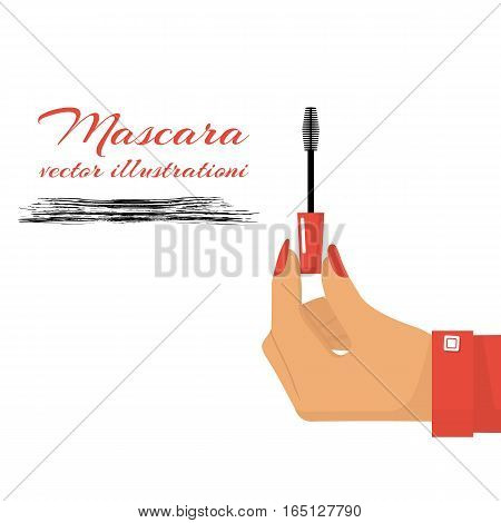 Hand holding mascara wand. Cosmetic concept. Mascara. Vector illustration flat design. Isolated on white background. Eyelash brush.