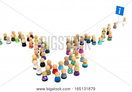 Crowd of small symbolic figures with info booth 3d illustration isolated horizontal over white