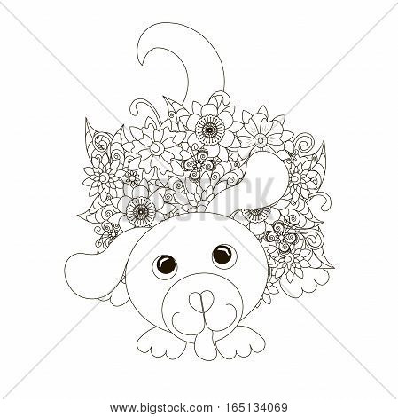 Flowers sitting dog coloring page anti-stress stock vector illustration