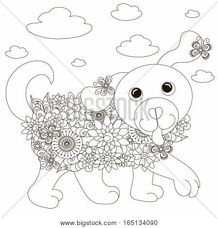 Flowers dog coloring page anti-stress stock vector illustration