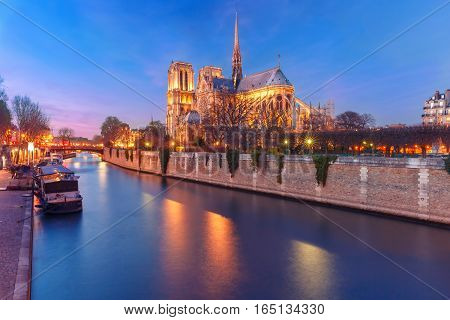 Cathedral of Notre Dame de Paris during evening blue hour, France