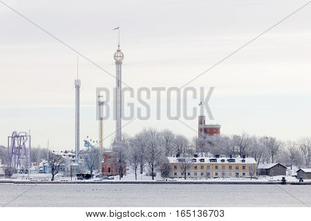 Amusement park Grona Lund in central stockholm Sweden during winter time