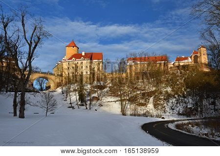 Winter landscape with a beautiful Gothic castle Veveri. Brno city - Czech Republic - Central Europe.
