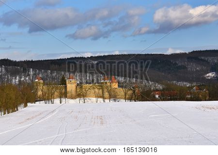 Winter landscape with a beautiful Gothic castle Veveri. Brno city - Czech Republic - Central Europe.
