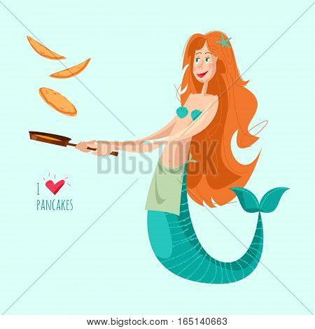 Mermaid tosses pancakes on a frying pan. Happy Pancake Day! Vector illustration