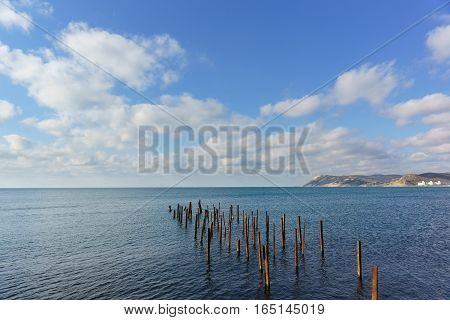 The remains of the destroyed pier in the sea. Russia Krasnodar Krai village of Big Utrish
