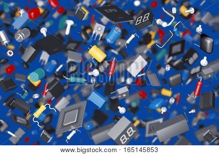 3D render of a variety of electronic components
