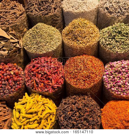 Spices and herbs being sold on street stal at Morocco traditional market.