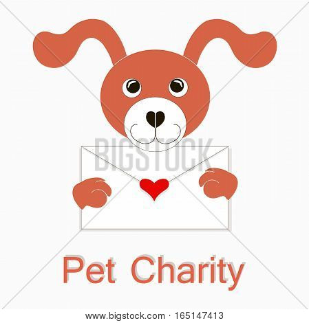 Typography banner Happy Pet Charity, red and white cartoons dog with envelope, red hearts, stock vector illustration