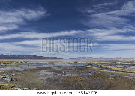 Atacama Desert, Bolivia With Majestic Colored Mountains And Blue Sky In Eduardo Avaroa Andean Fauna