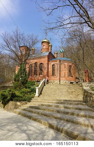 The MOUNTAIN VILLAGE NOVOROSSIYSK RUSSIA - March 08.2016: Church of the Icon of mother of God life-giving spring in the desert Theodosius Caucasian spring day