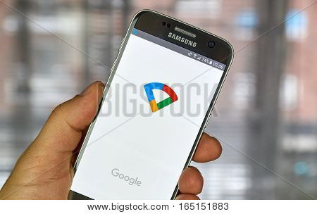 MONTREAL CANADA - DECEMBER 23 2016 : Google wifi application on Samsung S7 scree. The Google Wifi app lets to control Google Wifi points or OnHub right from mobile device