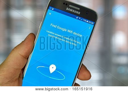 MONTREAL CANADA - DECEMBER 23 2016 : Google wifi application on Samsung S7 scree. The Google Wifi app lets to control Google Wifi points or OnHub right from mobile device