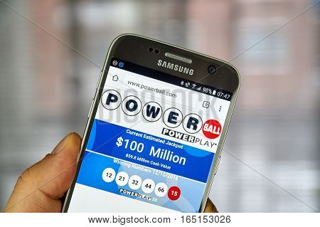 MONTREAL CANADA - DECEMBER 23 2016 : Powerball winning numbers. Powerball is an American lottery game offered by 44 states the District of Columbia Puerto Rico and the US Virgin Islands.