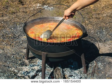 Kazan with preparing soup 
